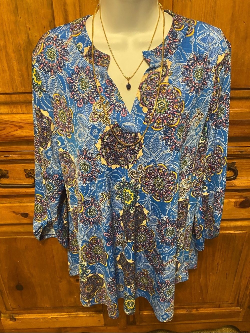 Dear Scarlett Lizzy Paisley Tunic Top Large Blue Pink Boho Resort Festival
